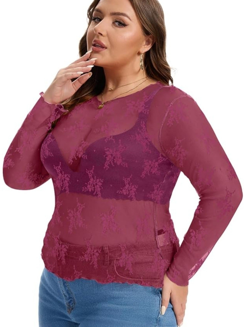 Plus Size Sheer Floral Lace Long Sleeve Top - Berry